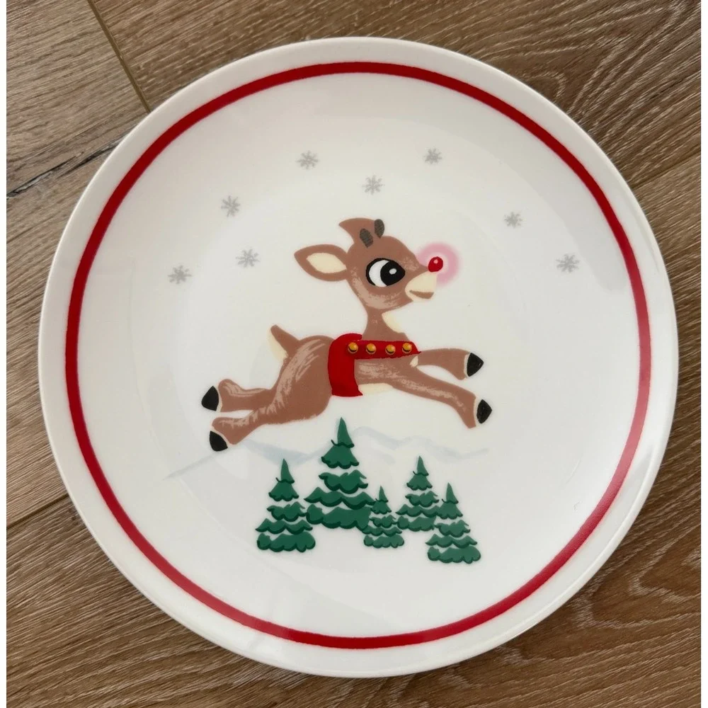 Pottery Barn Kids Rudolph Santa Ceramic Christmas Plates Set of 4 9.5